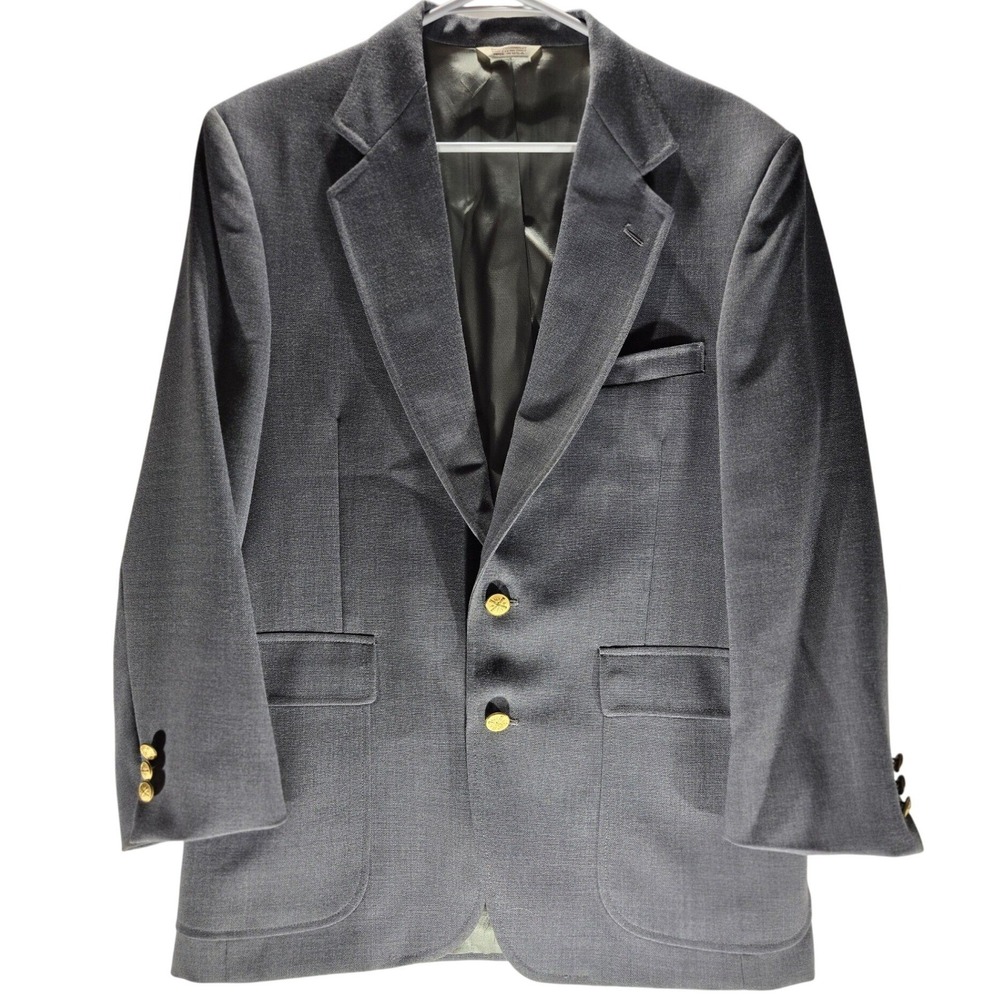 Womens Grey Textured Two Button Blazer Gold Crest Buttons Professional Jacket